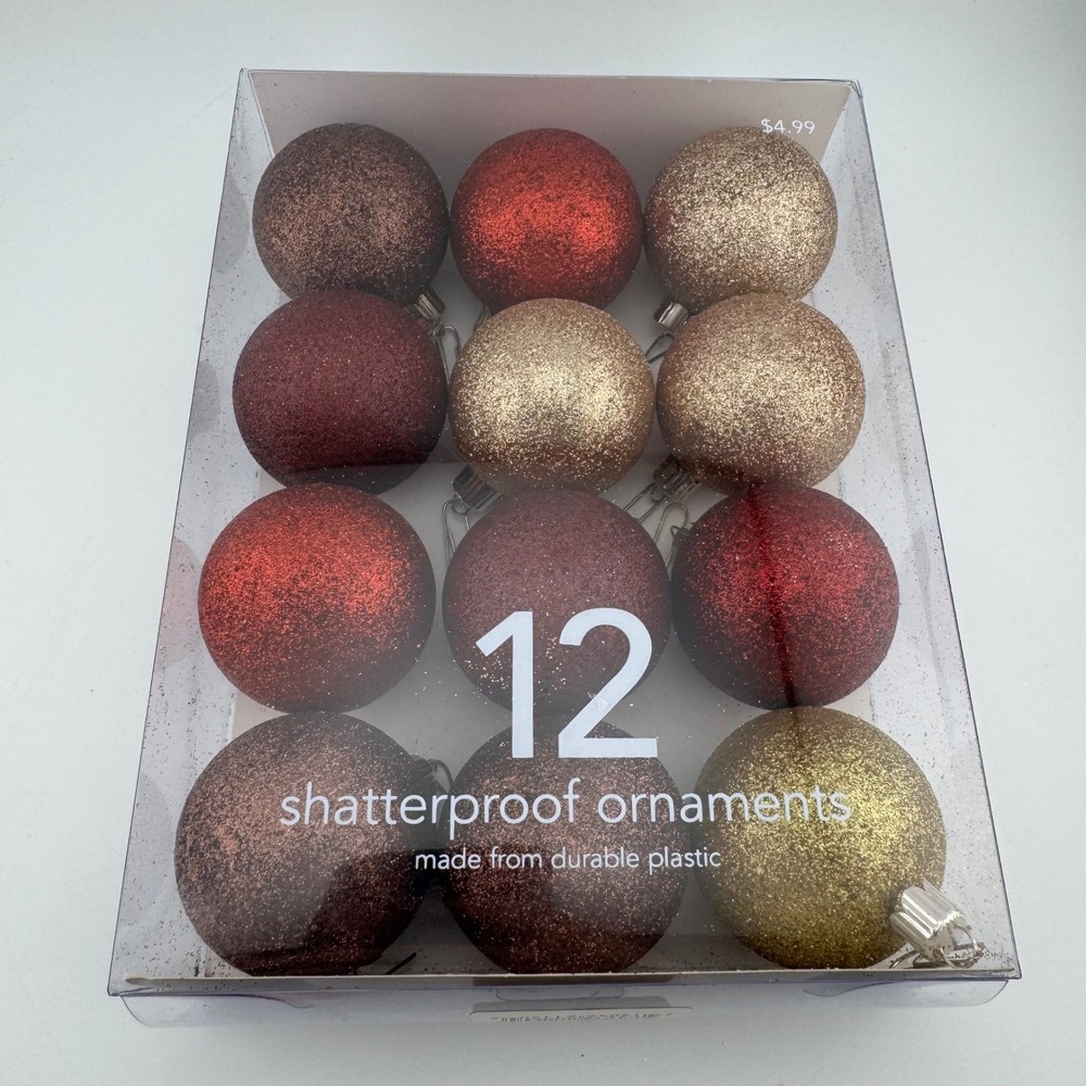 Martha Stewart Christmas Ornaments 12ct Red Gold New Shatterproof‎ Glitter Ball